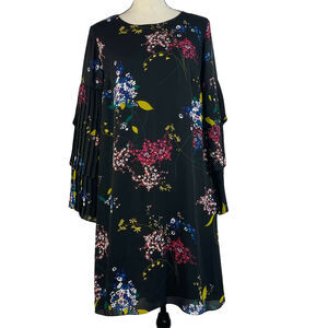 Worthington SZ 12 Shift Dress Floral Scoop Neck Lined Long Pleated Bell Sleeves